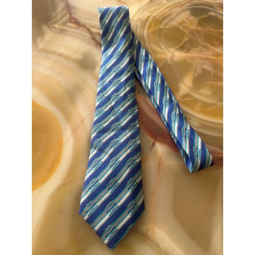 Authentic HERMES Paris Silk Tie Blue Stripe Nautical Ocean Liner Ship Motifs
